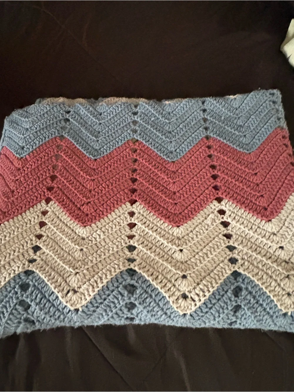 Hand Crocheted Chevron Ripple Afghan Throw Blanket Pink Blue Cream Twin Vintage